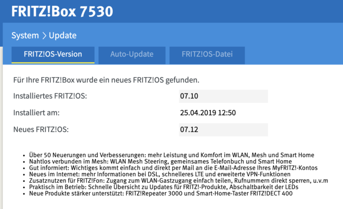 Fritzbox Update 23juli2019