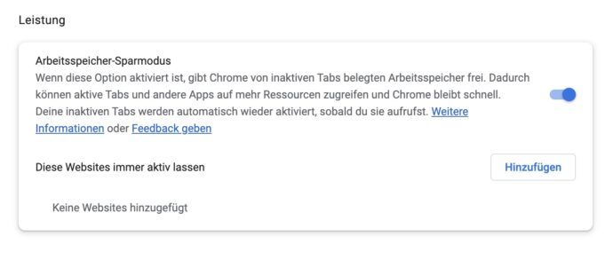 Arbeitsspeicher Sparmodus Chrome