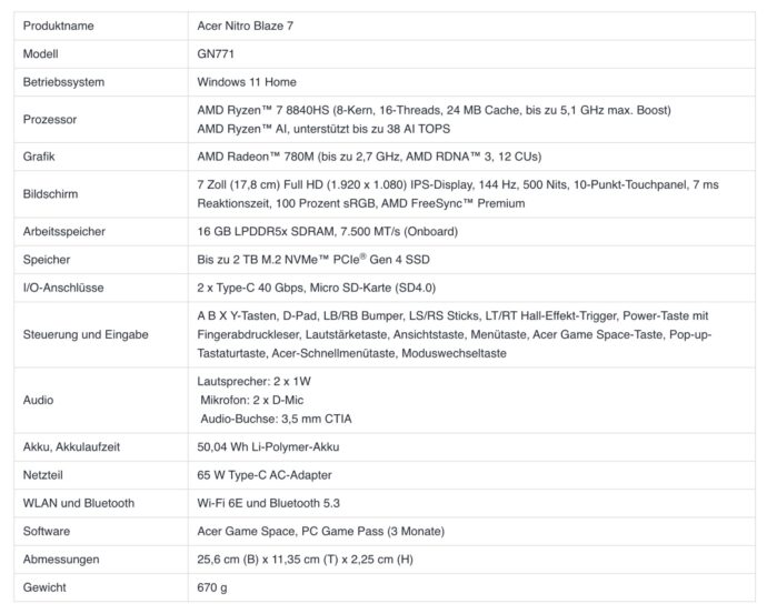 Acer Nitro Blaze 7 Specs
